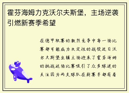 霍芬海姆力克沃尔夫斯堡，主场逆袭引燃新赛季希望