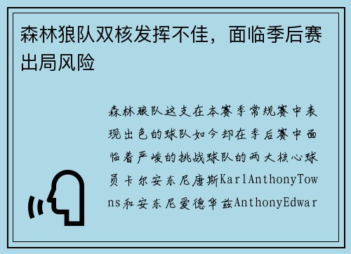 森林狼队双核发挥不佳，面临季后赛出局风险